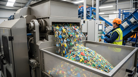 Machinery showing worker in hard hat and safety vest operates plastic shredding machinery...