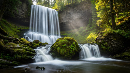 A wide waterfall plunges down, with sunbeams piercing the forest canopy onto mossy rocks and...の写真素材