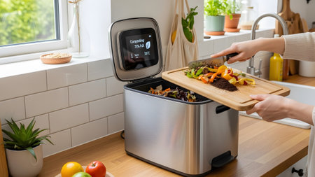 Silver showing woman adding food scraps to a silver composter with digital display showing...の写真素材