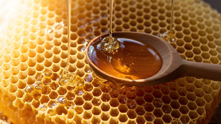 Natural showing viscous golden honey pouring from a wooden spoon onto a fresh honeycomb...