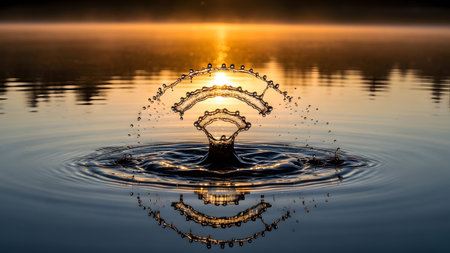 A wifi symbol formed by dynamic water splashes and droplets on a calm lake reflecting the sunset.の写真素材