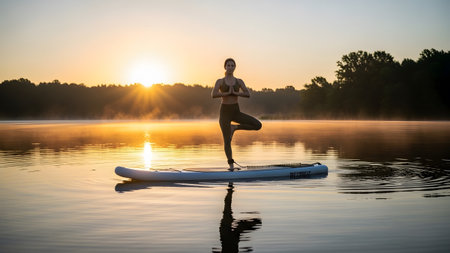 Paddleboard showing woman in yoga tree pose on paddleboard with morning mist over lake at...