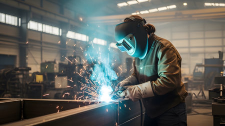 Welding showing welder in a brown jacket and protective mask welding metal with intense blue...