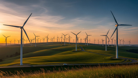 Sunset showing wind turbines on rolling hills with a car on a road at sunset golden hour.