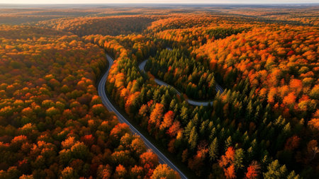 An aerial view a winding asphalt road cutting through a dense forest ablaze with autumn colors...の写真素材
