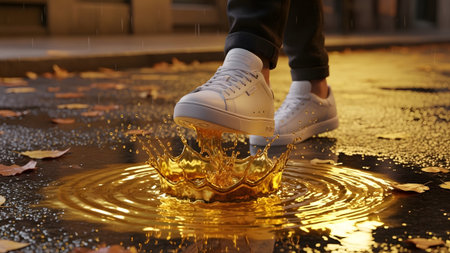 A white sneaker makes a golden liquid splash on a wet street scattered with fallen autumn leaves.の写真素材