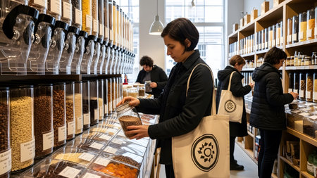 Waste showing woman selecting dry goods from a dispenser in a zero waste grocery store with...の写真素材