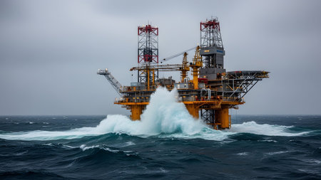 Stock showing yellow offshore oil drilling rig battered by large ocean waves under a cloudy sky....