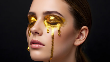 A woman's face with closed eyes, showcasing dramatic golden glitter makeup that drips down her...
