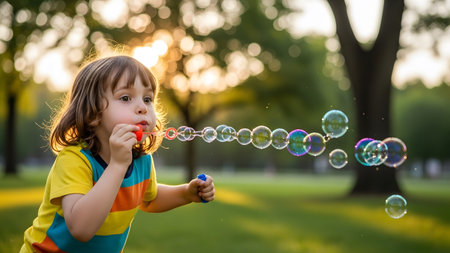 A young child in a colorful shirt blows a long string of iridescent soap bubbles in a grassy...