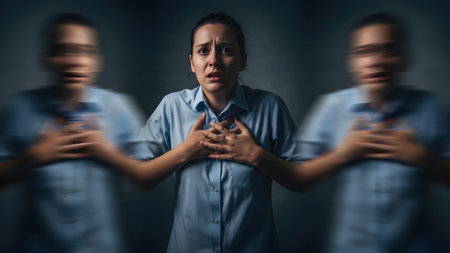 Panic attack showing woman experiencing panic attack with blurred figures surrounding her in a...