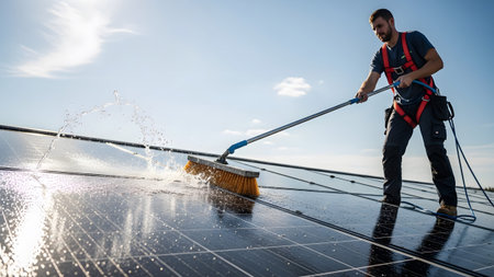 Sunny showing worker with safety harness cleaning solar panels on a roof with a brush and water...の写真素材