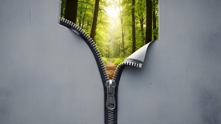 Forest showing zipper unzipping a concrete wall to expose a sunlit forest path with trees and...の写真素材