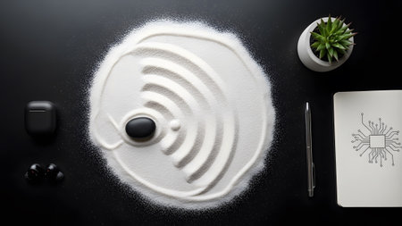 Zen garden showing white sand raked into waves and a black stone.の写真素材