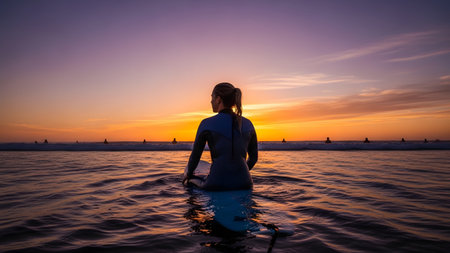 Woman in wetsuit sits on surfboard watching sunset over ocean with other surfers...の写真素材