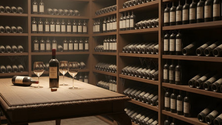A wooden table with a wine bottle and glasses sits in a well-stocked wine cellar with many racks.