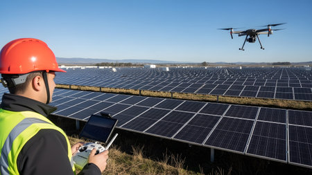 A person in an orange hard hat and hi-vis vest controls a drone flying over a sprawling solar...