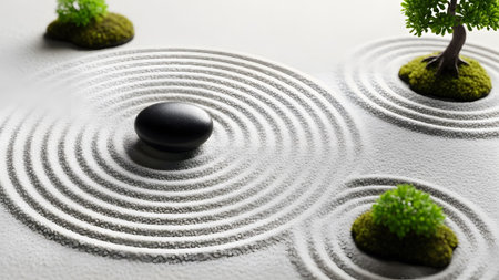 Black showing zen garden with miniature trees and single black stone. resolutionの写真素材