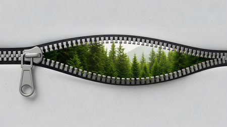 Green showing zipper opening to reveal a lush green forest with tall pine trees and distant...の写真素材