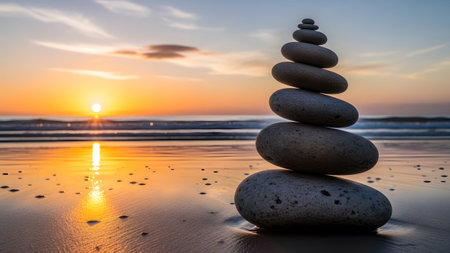 Smooth, balanced stones are stacked on a wet sandy beach with the ocean and a vibrant sunset in...の写真素材