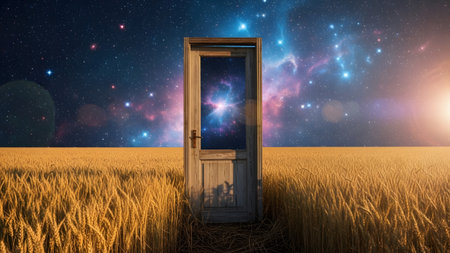 (428) showing wooden door in a wheat field opens to a colorful nebula and starry sky with...