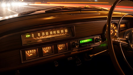 Instruments showing vintage car dashboard interior at night with glowing instruments and...