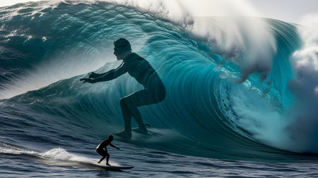 Giant showing surfer silhouette riding a wave with a giant surfer silhouette superimposed over a...の写真素材