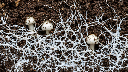 Three small white mushrooms growing amongst white mycelium in soil.の写真素材