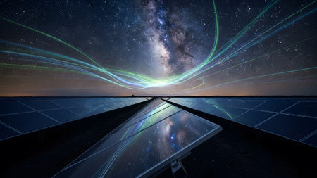Light showing solar panels under a starry milky way sky with green light trails. resolution...