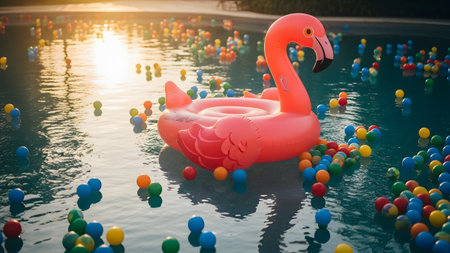 Pool showing pink flamingo pool float surrounded by colorful balls in sunlit water.の写真素材