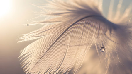 Stock showing soft focus macro of a delicate white feather with water droplets in warm sunlight....の写真素材