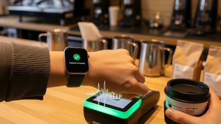 Contactless showing smartwatch contactless payment successful at a coffee shop with a customer...