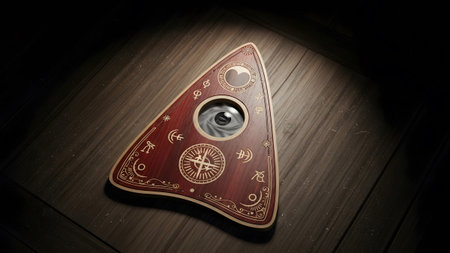 A triangular wooden planchette with an eye and compass rests on a dark wooden floor.......