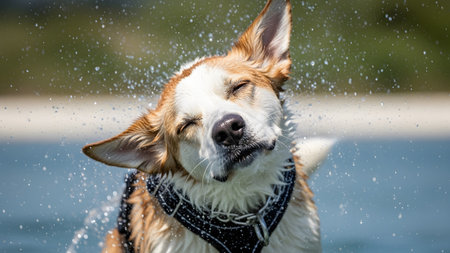 (1611) showing wet dog shaking water droplets off its fur in bright sunlight near a body of...の写真素材