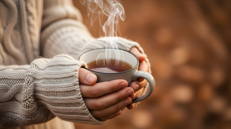 Hands in a thick knit sweater cradle a ceramic mug with rising steam from the hot beverage within.の写真素材