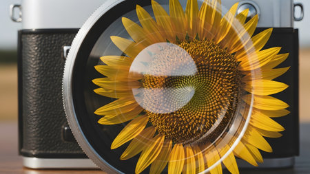 Pattern showing vintage camera with a sunflower reflected in its lens on a wooden surface...