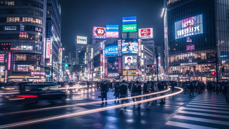 A vibrant nighttime view of Shibuya Crossing in Tokyo, featuring blurred car lights and a crowd...の写真素材