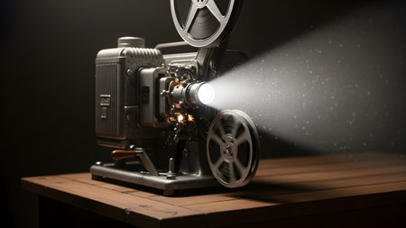 A metallic vintage projector sits on a wooden table, casting a bright beam of light into a dark,...の写真素材