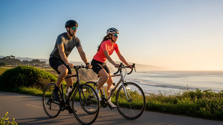 A couple cycles on a coastal road bathed in warm sunset light, with the ocean and distant hills...の写真素材