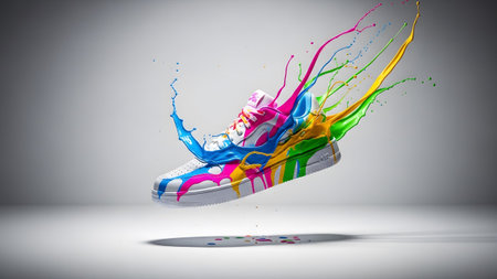 Splashes showing white sneaker with vibrant paint splashes exploding around it in dynamic...