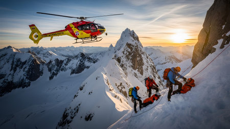 A mountain rescue team rappels down a snowy slope as a helicopter hovers nearby during a...の写真素材