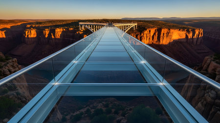 Glass showing glass skywalk bridge over a sunlit desert canyon with distant mountains.の写真素材