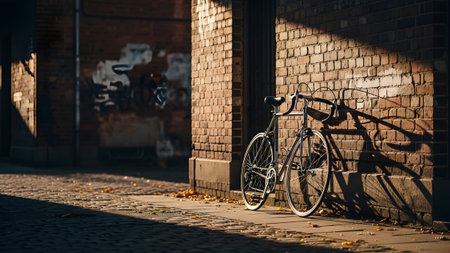 A vintage bicycle leans against a textured brick wall bathed in warm sunlight, casting long...の写真素材