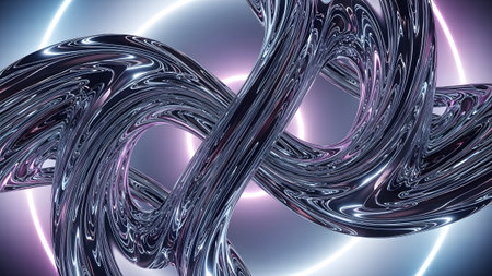 A swirling metallic abstract sculpture with smooth, reflective surfaces illuminated by pink and...の写真素材