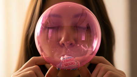 A woman's face is mostly hidden behind a large, clear pink bubble gum bubble, with a bubble gum...の写真素材