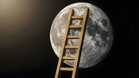 A wooden ladder is positioned to climb towards a detailed, realistic moon against a dark starry sky.の写真素材