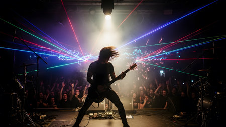 Performing showing silhouette of a guitarist performing on stage with laser lights and a...