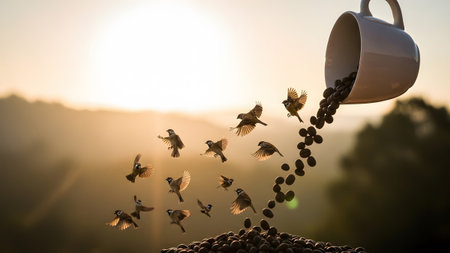 A white coffee cup tips over, spilling dark coffee beans as small birds take flight against a...の写真素材