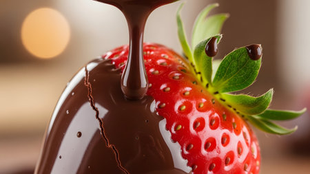 Close-up of dark chocolate being poured over a bright red strawberry, highlighting the glossy...の写真素材