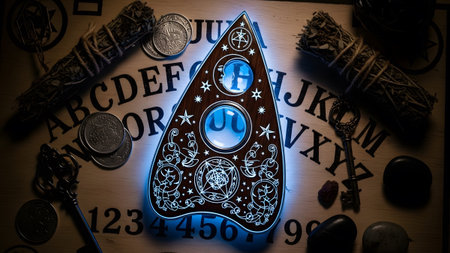 A wooden ouija board planchette with glowing blue accents is surrounded by sage, coins, and keys.